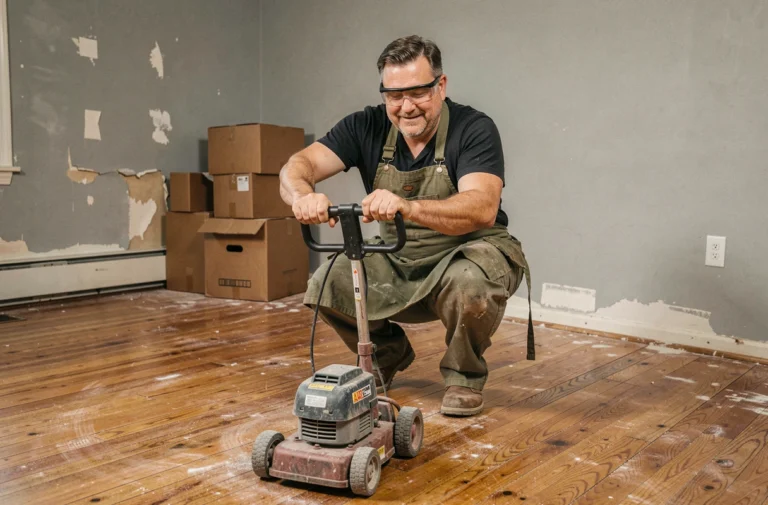 Homme utilisant une ponceuse de parquet louée lors de travaux de rénovation dans un salon