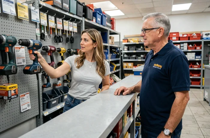 Femme choisissant un outil de bricolage à louer dans un magasin de location de matériel