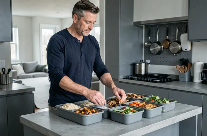 Homme organisant des repas préparés à l'avance dans des boîtes dans une cuisine moderne