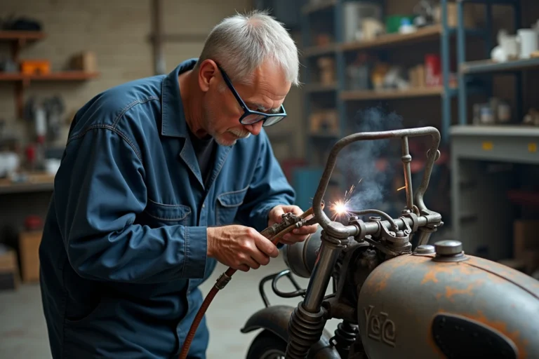 Mécanicien en combinaison bleue soudant un châssis de side-car sur une moto vintage dans un atelier professionnel