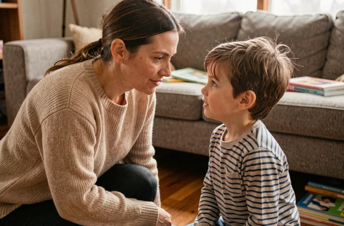 Mère bienveillante accroupie au niveau de son enfant dans un salon chaleureux, partageant un moment de connexion authentique