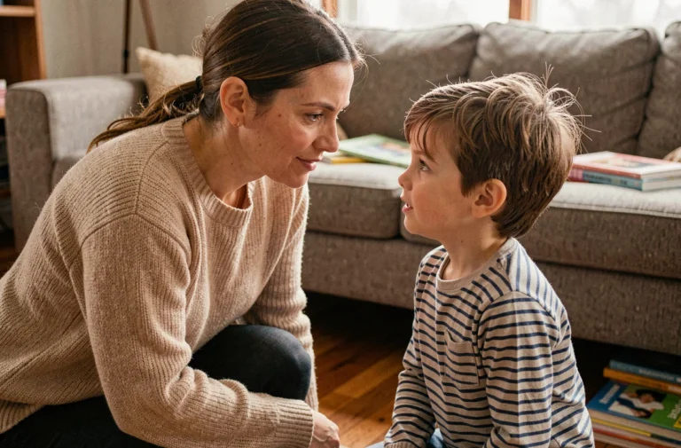 Mère bienveillante accroupie au niveau de son enfant dans un salon chaleureux, partageant un moment de connexion authentique