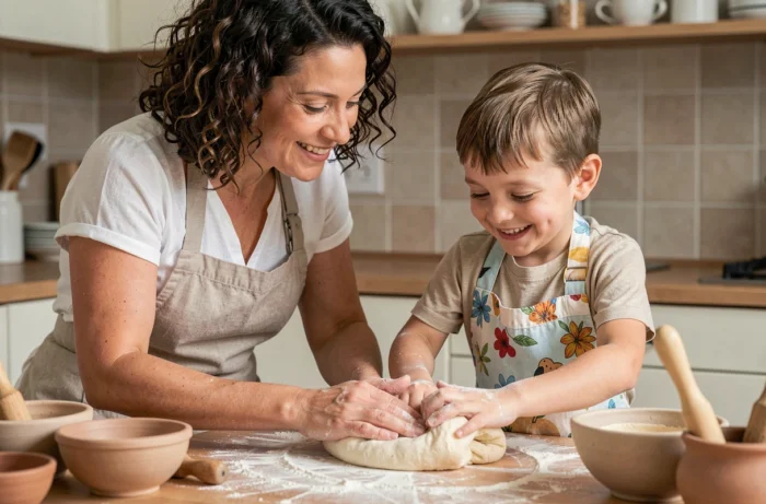 Mère et fils préparant une pâte ensemble dans une cuisine familiale, moment bienveillant d'apprentissage et de complicité