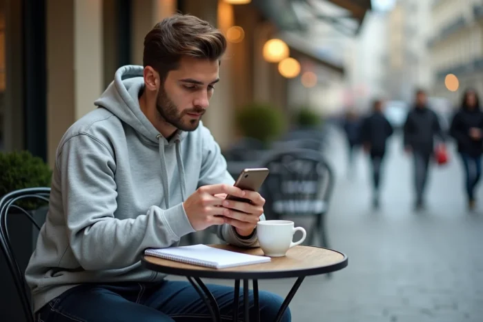 Homme consultant la messagerie académique académique de Créteil sur iPhone en terrasse de café