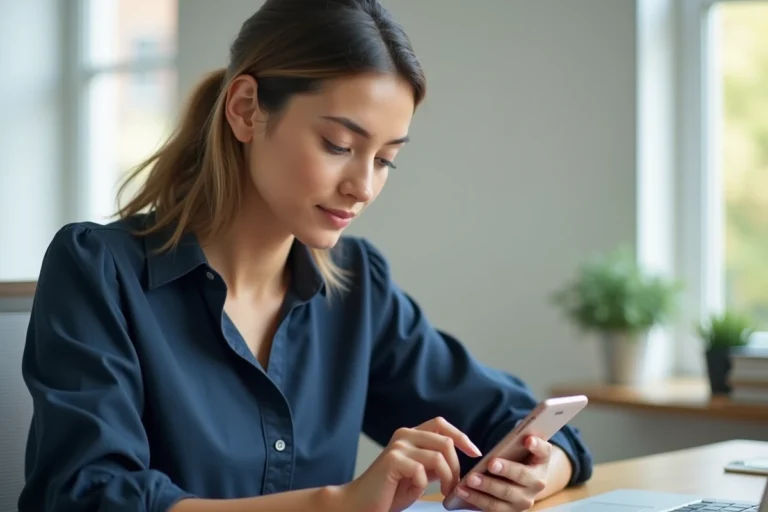 Jeune femme consultant sa messagerie académique de Créteil sur smartphone dans un bureau à domicile