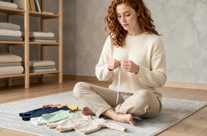Jeune femme mesurant la largeur de poitrine d'une veste enfant avec un mètre ruban souple sur le sol d'un salon minimaliste