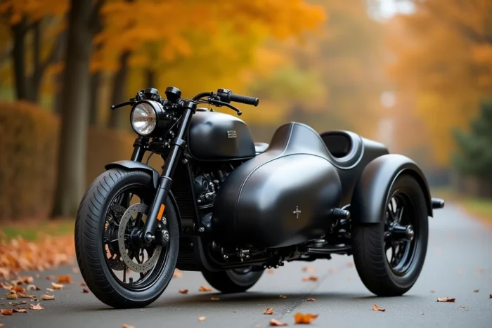 Moto custom avec side-car moderne en noir mat et chrome garée sur une route rurale en automne