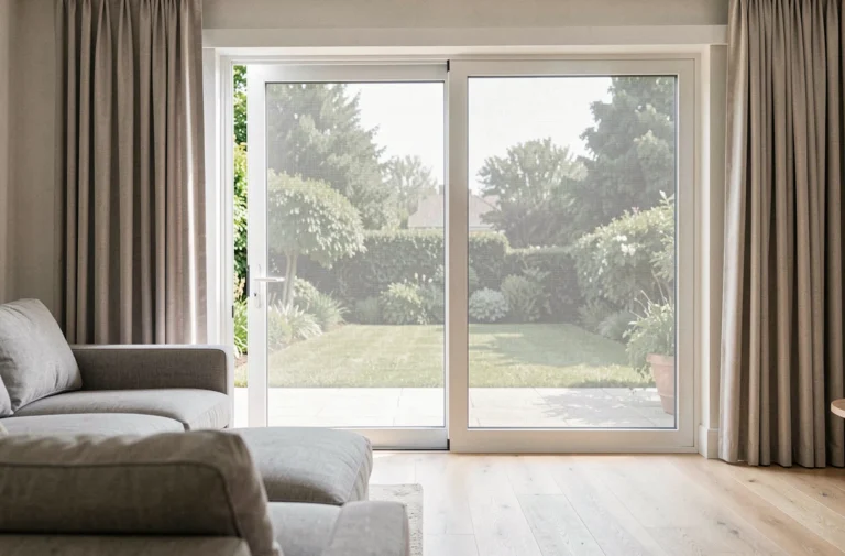 Moustiquaire enroulable installée sur une grande baie vitrée 300 x 220 dans un salon moderne avec vue sur jardin