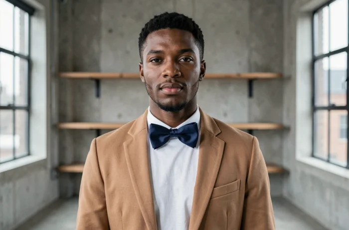 Jeune homme portant un nœud papillon marine sur un t-shirt blanc sous un blazer camel dans un loft industriel