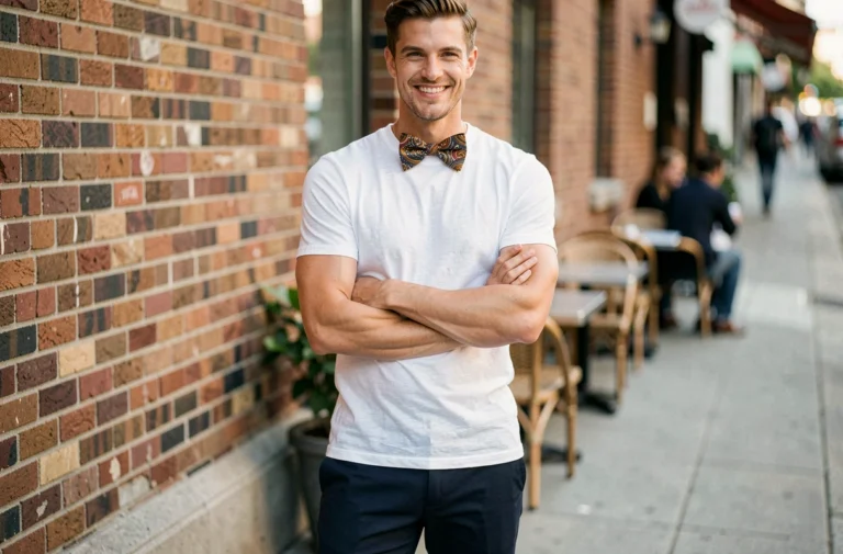 Homme stylé portant un nœud papillon à motifs sur un t-shirt blanc sans chemise, tenue casual chic en extérieur urbain