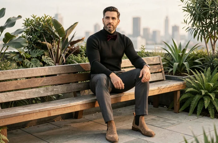 Homme en nœud papillon bordeaux velours sur col roulé noir, tenue sans chemise sur rooftop avec vue sur la ville