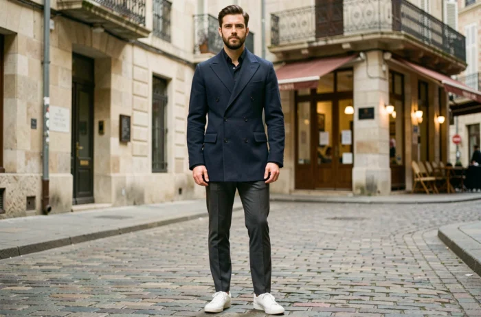 Homme stylé en manteau marine et sneakers blanches dans une rue pavée européenne