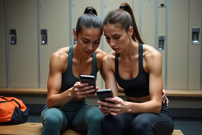 Un couple consultant une application d'abonnement de salle de sport sur un smartphone dans un vestiaire