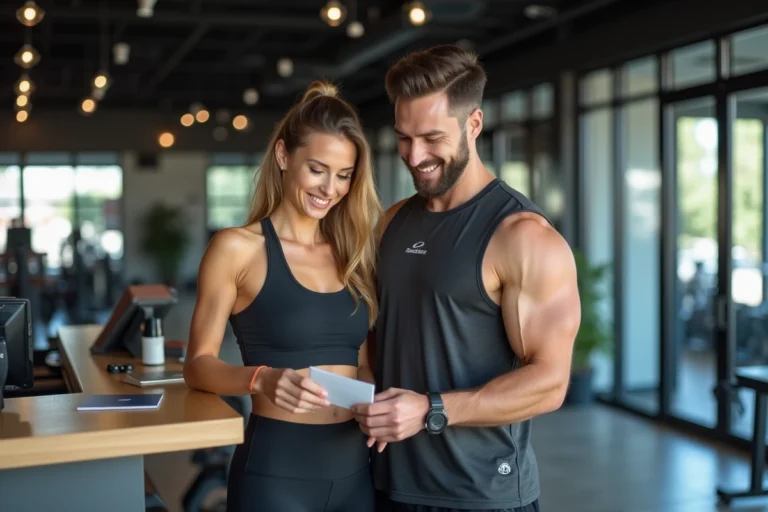 Deux amis consultant une carte d'abonnement Basic Fit à l'accueil d'une salle de sport moderne