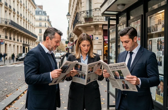 Passants parisiens lisant et commentant des journaux près d'un kiosque à presse, symbolisant la curiosité du public pour les couples de personnalités médiatiques françaises