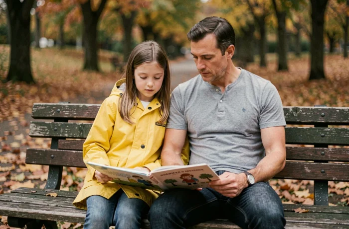 Père et fille lisant ensemble sur un banc de parc entouré de feuilles d'automne, illustrant l'accompagnement parental bienveillant