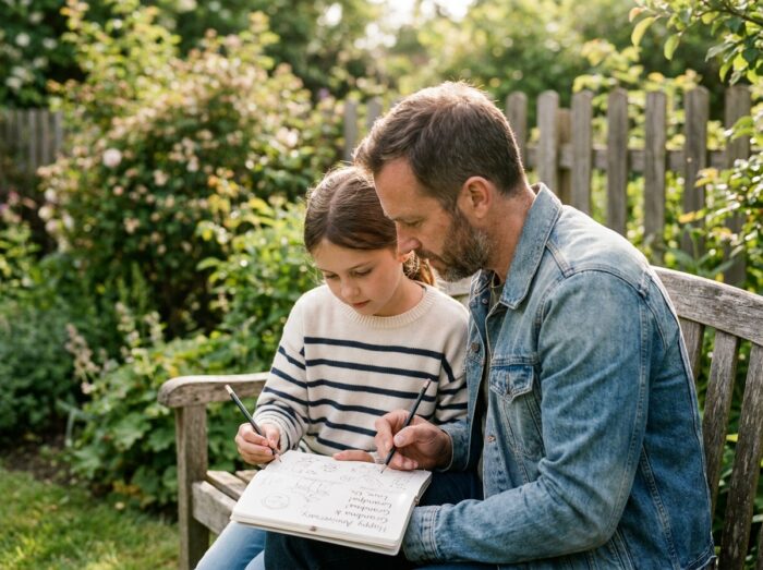 Père et fille préparant ensemble un message personnalisé pour le cadeau des 10 ans de mariage