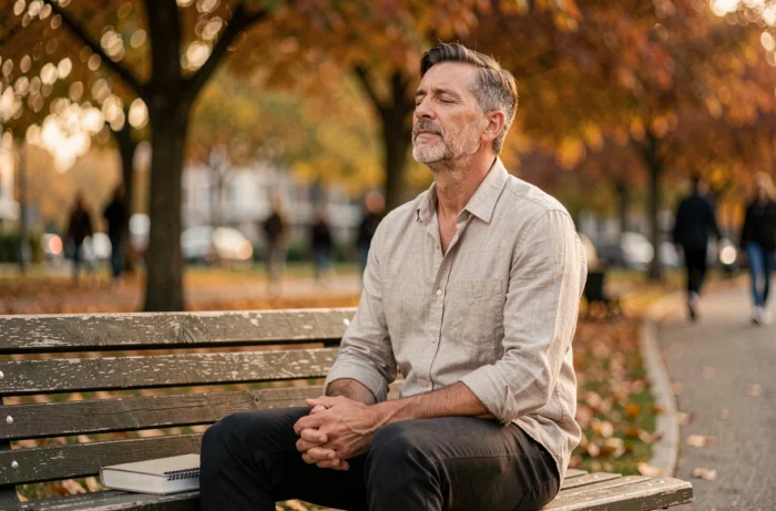 Homme pratiquant la pleine conscience en plein air dans un parc urbain pour retrouver son équilibre intérieur