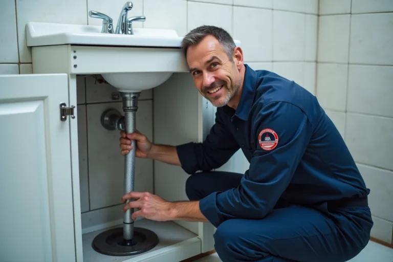 Plombier professionnel débouchant une canalisation sous un évier de salle de bain avec un furet électrique