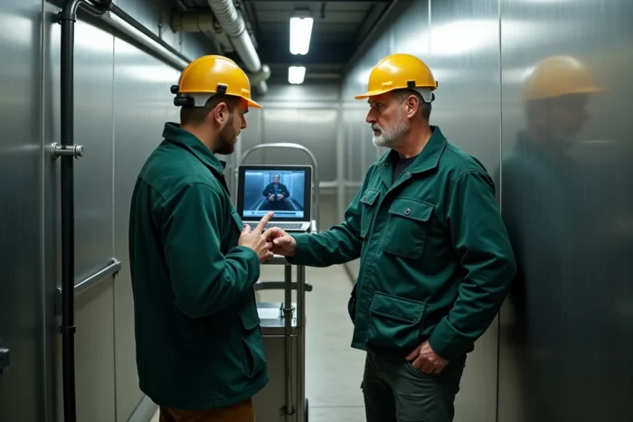 Deux plombiers professionnels analysant les images d'une caméra d'inspection de canalisation dans un couloir technique commercial