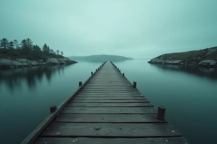 Ponton en bois isolé sur les eaux grises de l'archipel suédois de Sandhamn, atmosphère de mystère et de tension