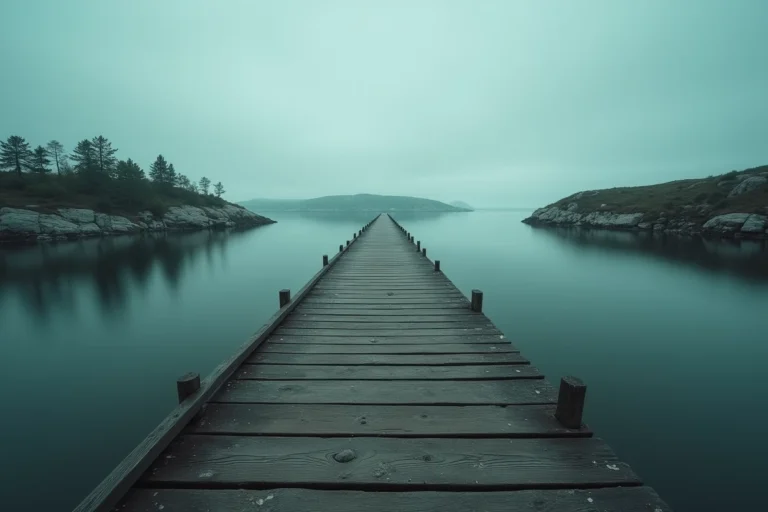 Ponton en bois isolé sur les eaux grises de l'archipel suédois de Sandhamn, atmosphère de mystère et de tension