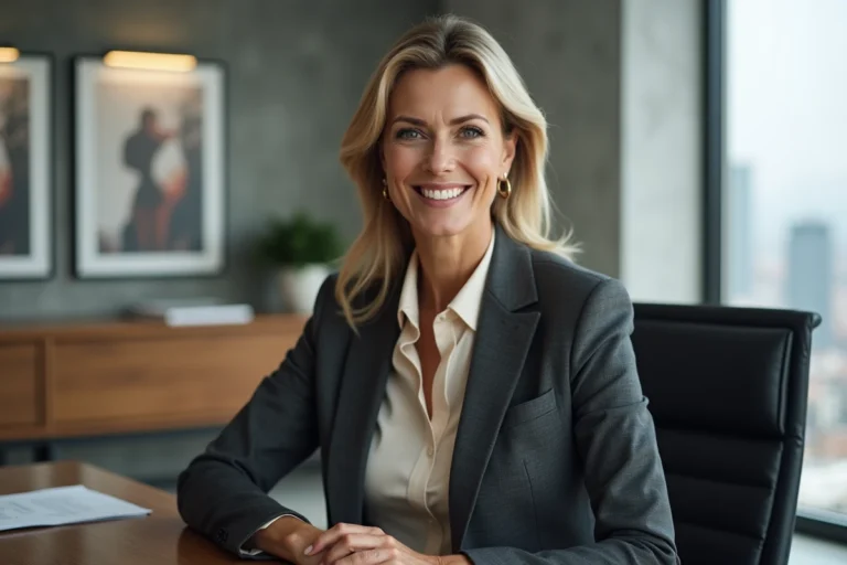 Portrait professionnel d'une femme d'influence en blazer charbon dans un bureau exécutif moderne avec vue sur la ville