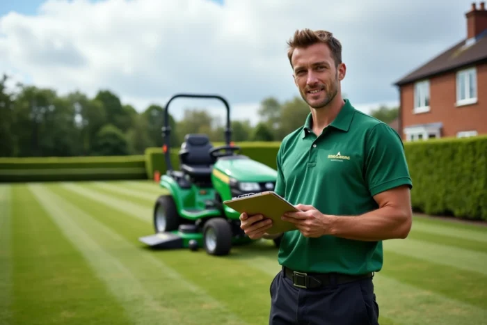 Professionnel du jardinage avec une tondeuse autoportée évaluant le coût d'une prestation de tonte sur un grand terrain résidentiel