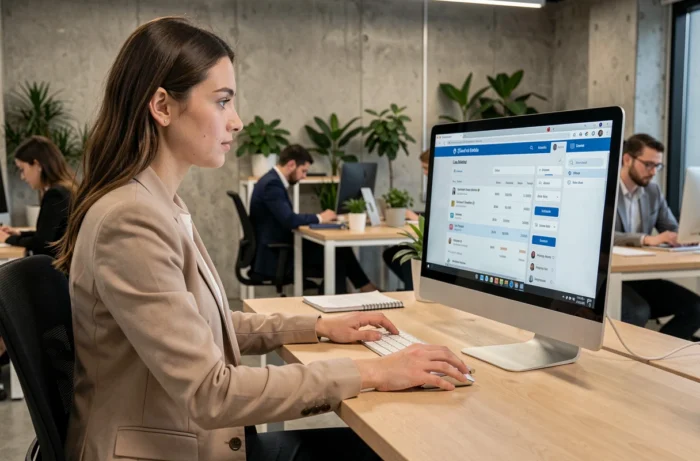 Jeune professionnelle consultant un site d'achat de code immobilier en ligne dans un espace de coworking