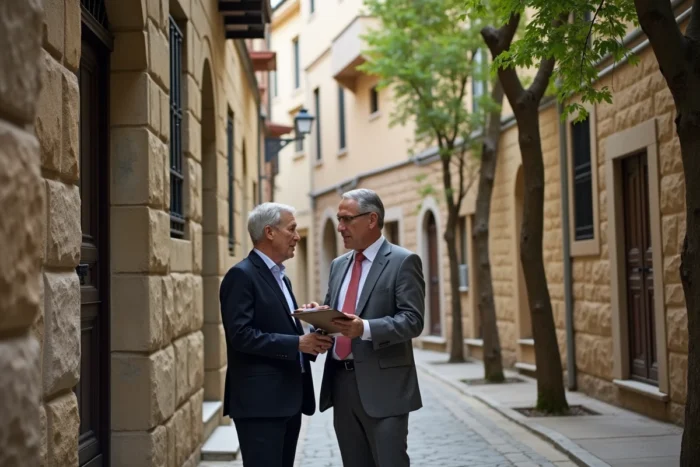 Deux professionnels de l'immobilier évaluant une maison en pierre rénovée dans une rue pavée d'un quartier historique