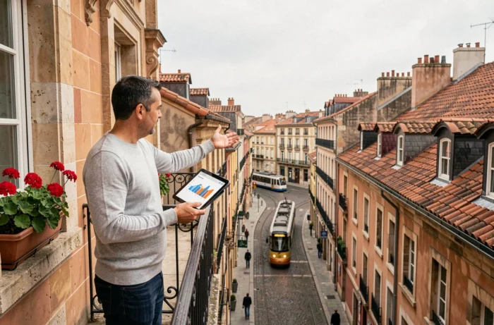 Propriétaire bailleur sur le balcon d'un immeuble haussmannien de Lyon analysant la rentabilité locative de son bien