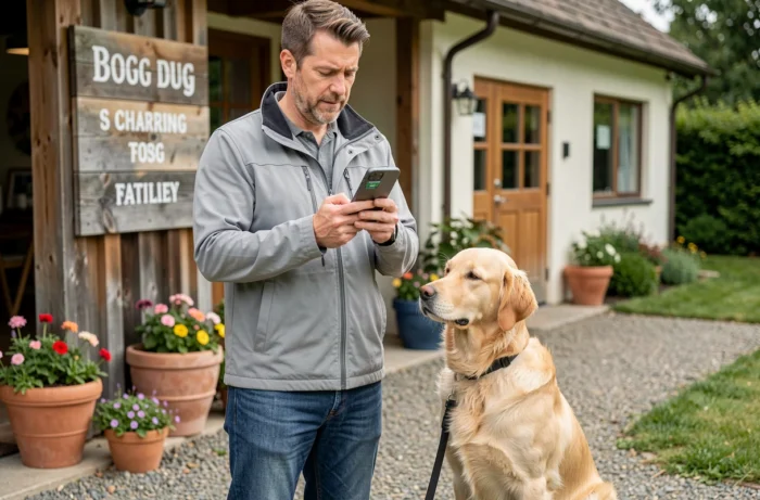Propriétaire de chien consultant les services d'une pension canine depuis son smartphone à l'entrée de l'établissement