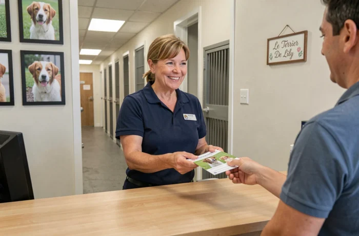 Réceptionniste d'un service de pension pour chiens remettant une brochure informative à un client