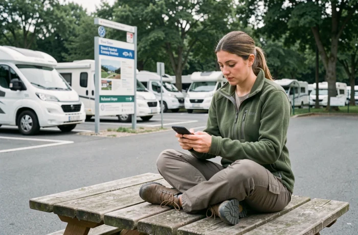 Femme dans une aire de camping-car recherchant un emplacement de stationnement pour van sur son smartphone