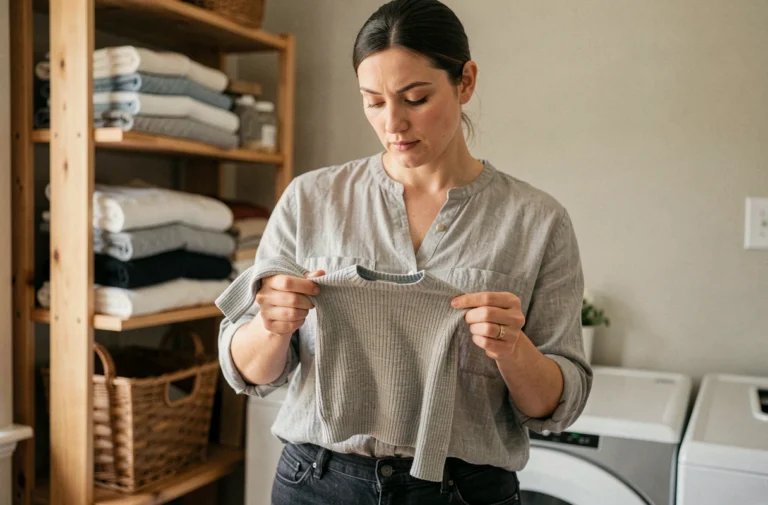Femme examinant un pull enfant sans étiquette en tenant le vêtement à plat dans ses mains pour en estimer la taille