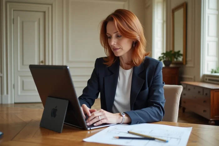 Femme en reconversion professionnelle suivant la formation CNED d'architecte d'intérieur à distance depuis son appartement parisien