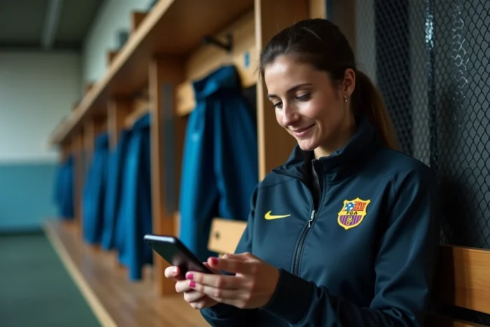 Une responsable de club consultant Footclubs FFF sur mobile dans une salle de sport
