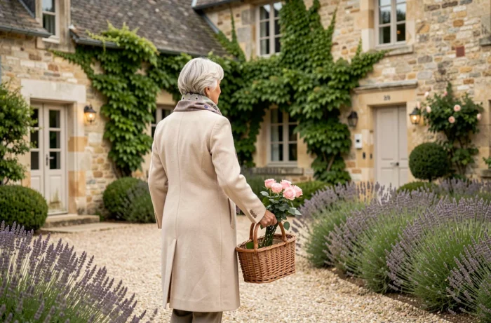 Femme retraitée aisée se promenant dans le jardin de sa propriété de campagne en France