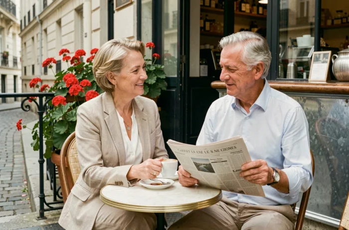 Couple de retraités aisés attablés en terrasse d'un café parisien, lisant le journal financier