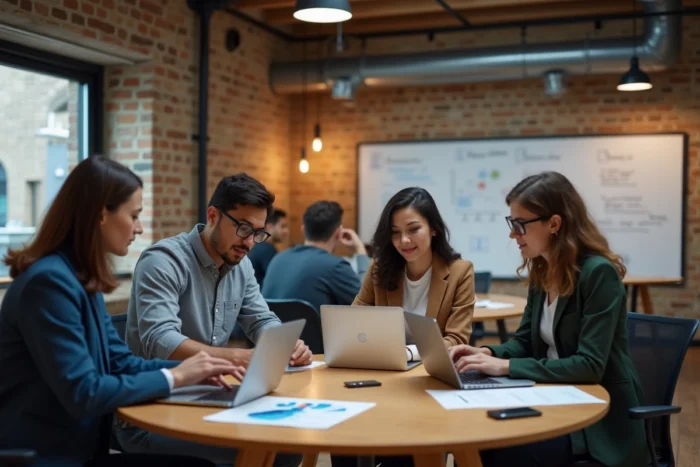 Groupe d'entrepreneurs en réunion stratégique dans un coworking espace business avec ordinateurs et graphiques