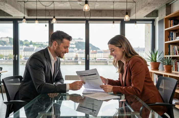 Deux investisseurs immobiliers examinant un rapport de rendement locatif dans un espace de co-working avec vue sur le Rhône à Lyon