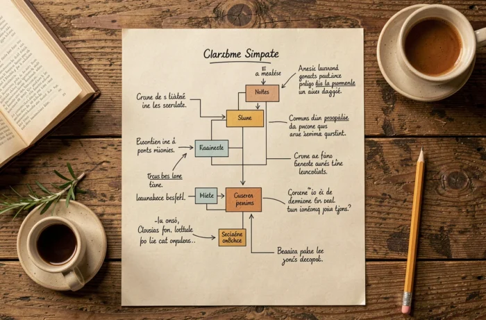Plan schématique imprimé d'un sitemap de site de cuisine annoté à la main, posé sur une table en bois rustique