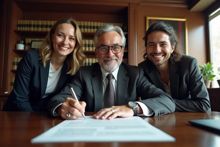 Signature d'un contrat immobilier chez le notaire avec un couple et un conseiller juridique professionnel