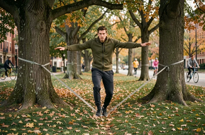 Homme en équilibre sur une slackline tendue entre deux chênes dans un parc urbain en automne