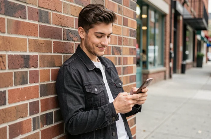 Jeune homme envoyant un snap en vue unique sur Snapchat depuis son téléphone en extérieur