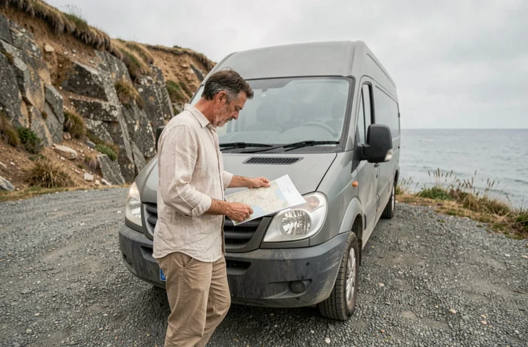 Van aménagé stationné sur un belvédère côtier, voyageur consultant une carte routière pour trouver un emplacement