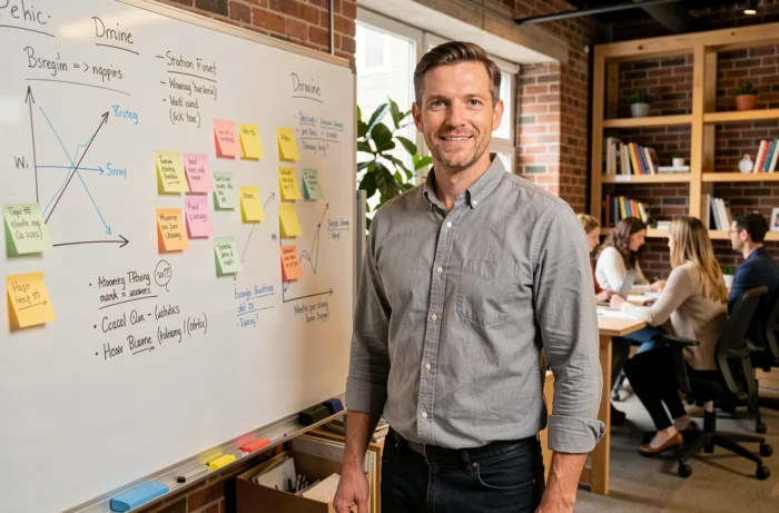 Chef d'entreprise développant une stratégie personnalisée sur un tableau blanc dans un espace de coworking dynamique