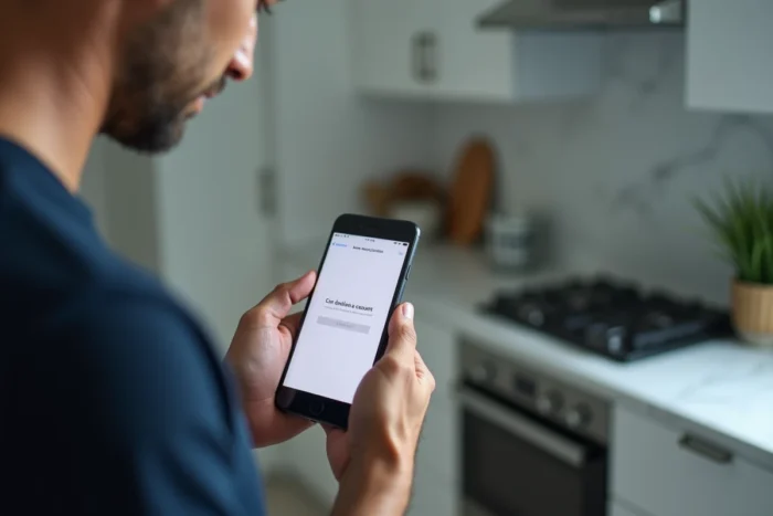 Homme confirmant la suppression de son compte Le Bon Coin sur smartphone dans une cuisine moderne