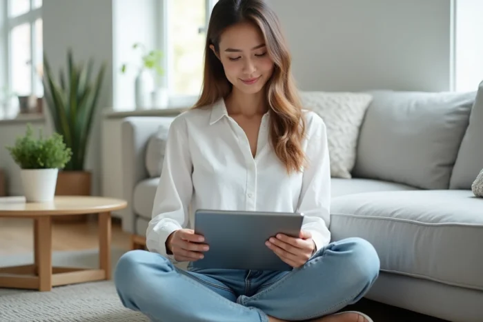 Jeune femme supprimant son compte Le Bon Coin sur une tablette dans un salon minimaliste