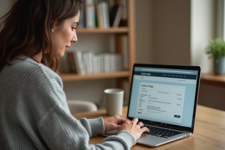 Femme supprimant son compte Le Bon Coin sur un ordinateur portable dans un bureau à domicile